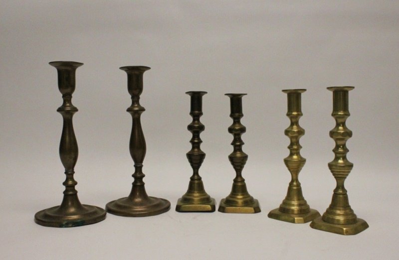 (6)18th / 19th C Brass Candle Holders (3 pair) (1 of 7)