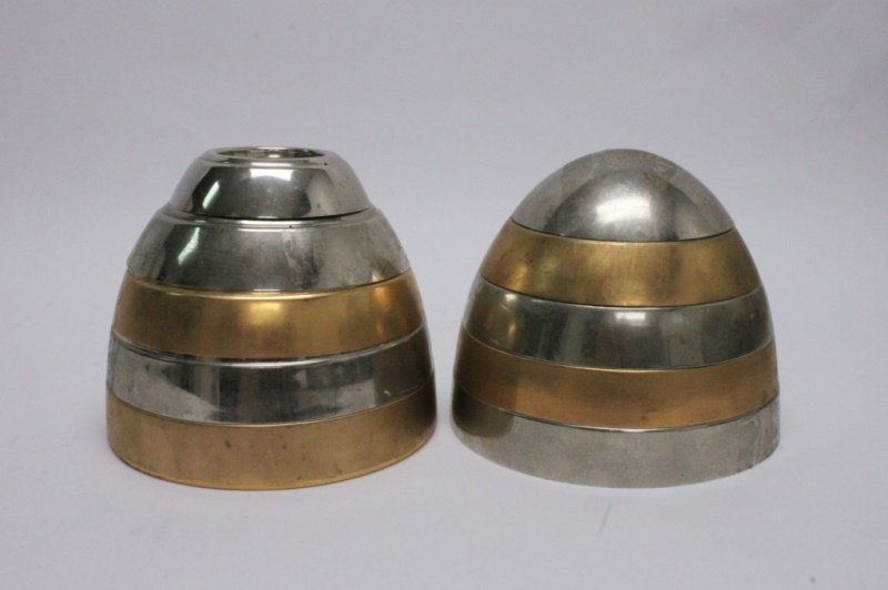 (2) Sets of MCM Brass & Chrome Stacking Dishes: (2) Sets of Mid Century Modern dome-shaped stacking dresser trays, ring dishes, or ashtrays (5 dishes in each set). Dome lid is missing from one set of trays. Excellent condition. Each set measures 7.