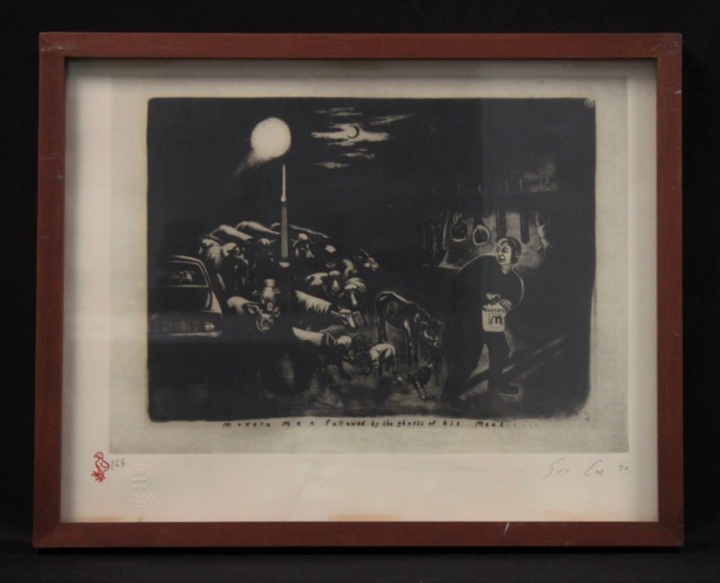*Sue Coe (British, 1951-) 'Modern Man' Etching: Sue Coe (British, 1951-) "Modern Man followed by the ghosts of his Meat....". Etching is pencil signed, dated '90 and numbered 165 with the Coe Murray seal and stamp. Excellent condition. Frame measur