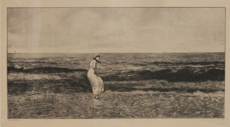Max Klinger, German 1857-1920 Etching Girl n Beach: Max Klinger, German 1857-1920 Etching of a girl on a beach. Signed in stone lower left, Max Klinger and marked with the roman numeral II lower rght. Excellent condition. Engraving measures 16" x 19",