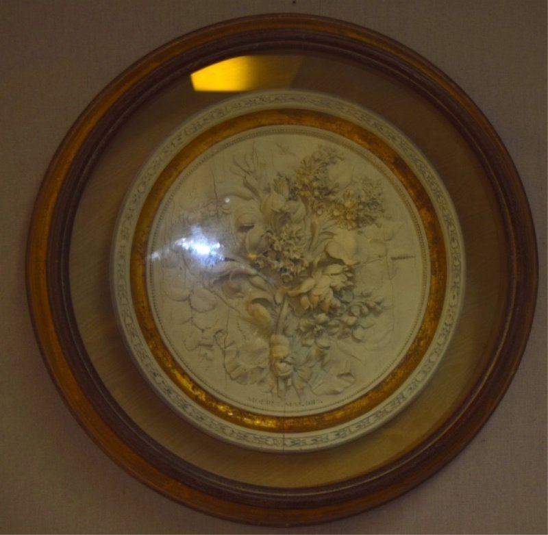 1815 Mouret Plaster Floral Wreath in Shadowbox: Dated 1815 and titled Mouret framed plaster floral wreath mounted in a shadowbox.