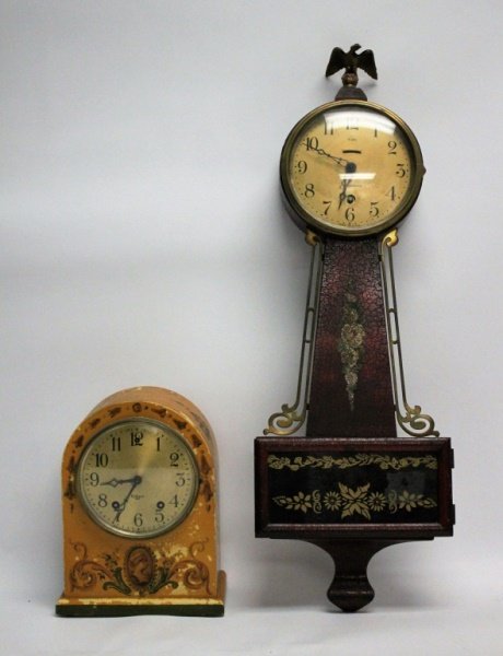 (2) Vintage American Tole Painted 8-Day Clocks: (2) Vintage American tole-painted 8-day clocks: (1) Gilbert 1807 mantel clock with key. Working condition with some loss to finish. Measures 6.5" x 4.5" x 9". (1) Sessions banjo clock with painted gla
