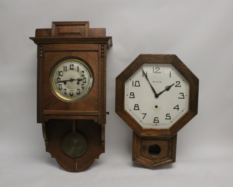 (2) 19th C American, European Wood Wall Clocks: (2) 19th Century wood wall clocks: (1) European wall clock. Excellent working condition. Measures 12" x 6" x 27". (1) 19th C New Haven Schoolhouse wall clock. Excellent working condition. Measures 15"