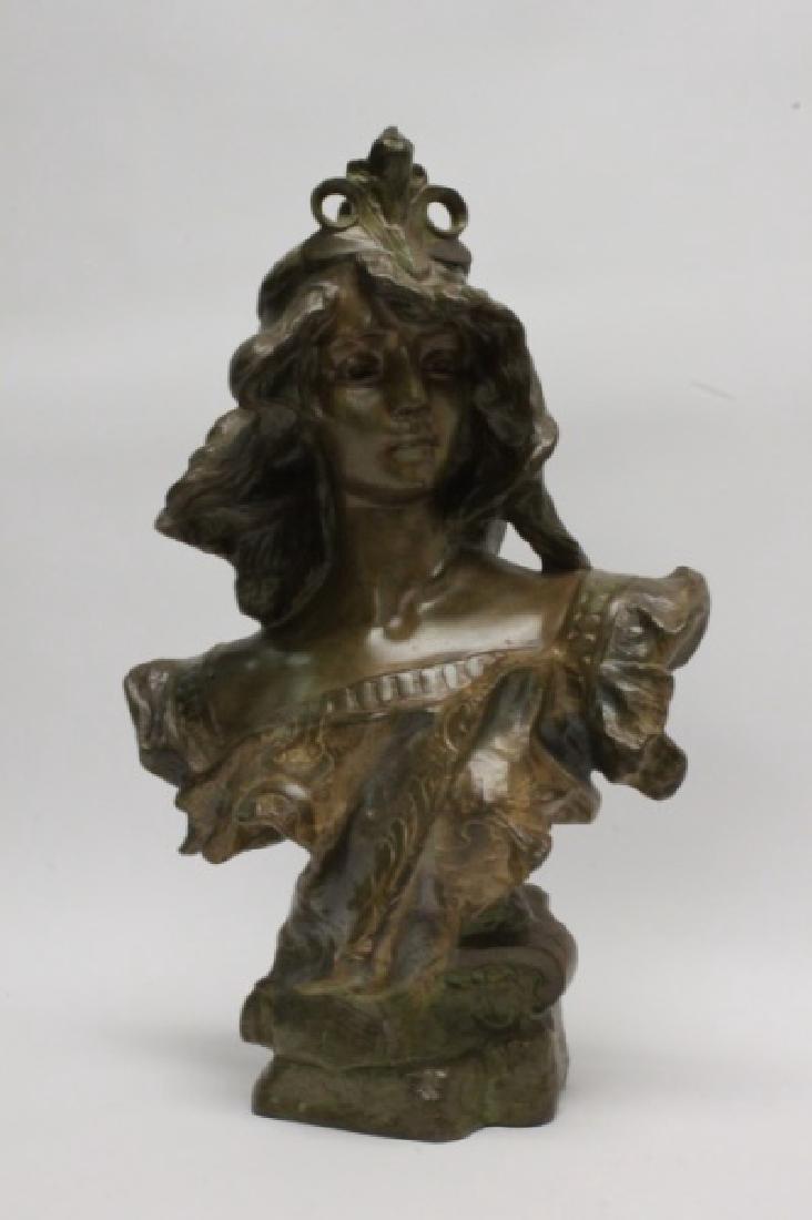 French Art Nouveau Cast Metal Bust of Woman Signed (1 of 8)