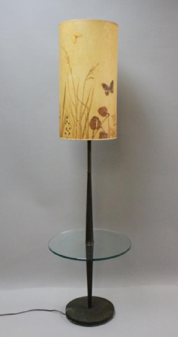 MCM Vintage Glass and Brass Floor Lamp Table: Vintage Mid Century Modern glass and brass floor lamp table with original fiberglass shade. Attributed. to Jane and Gordon Martz for Marshall Studios. Excellent condition. Measures 18"dia x 6"t.