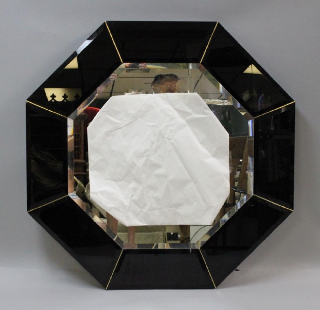 Vintage Black Glass & Brass Spoke Octagonal Mirror (1 of 5)