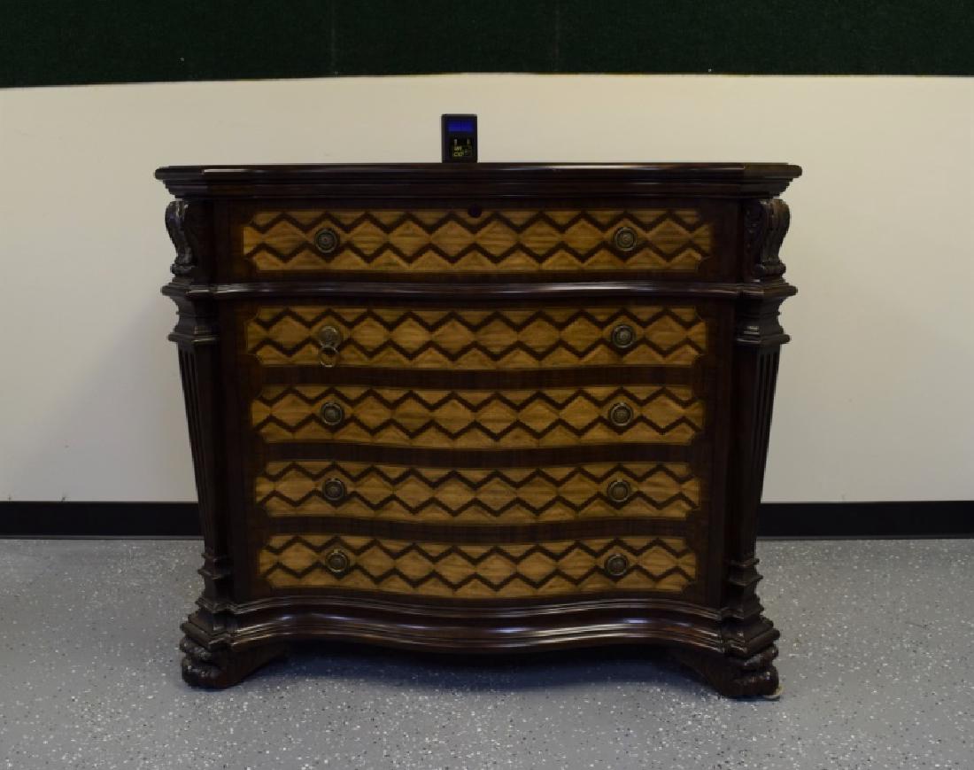 Hollywood Regency Mechanized Pop-Up Bar Cabinet: Hollywood Regency mechanized pop-up bar in an inlaid mahogany cabinet with carved lions feet and faux-drawer front. Excellent condition. Measures 46" x 28" x 47.5".