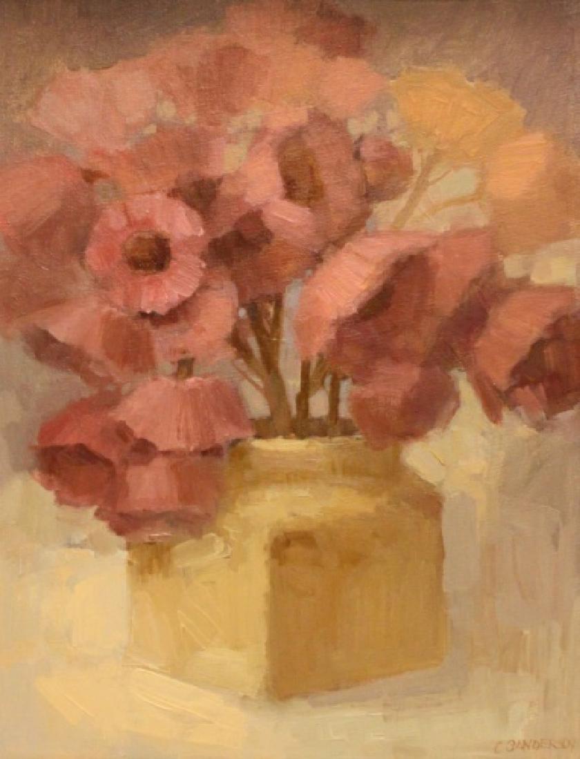 Cliff Sanderson American Southwest Desert Poppies: Cliff Sanderson, American Southwestern painter. Oil on canvas titled "Desert Poppies" signed, "C Sanderson", lower right and labeled en verso. Excellent condition. Art measures 11.5" x 13.5". Frame me