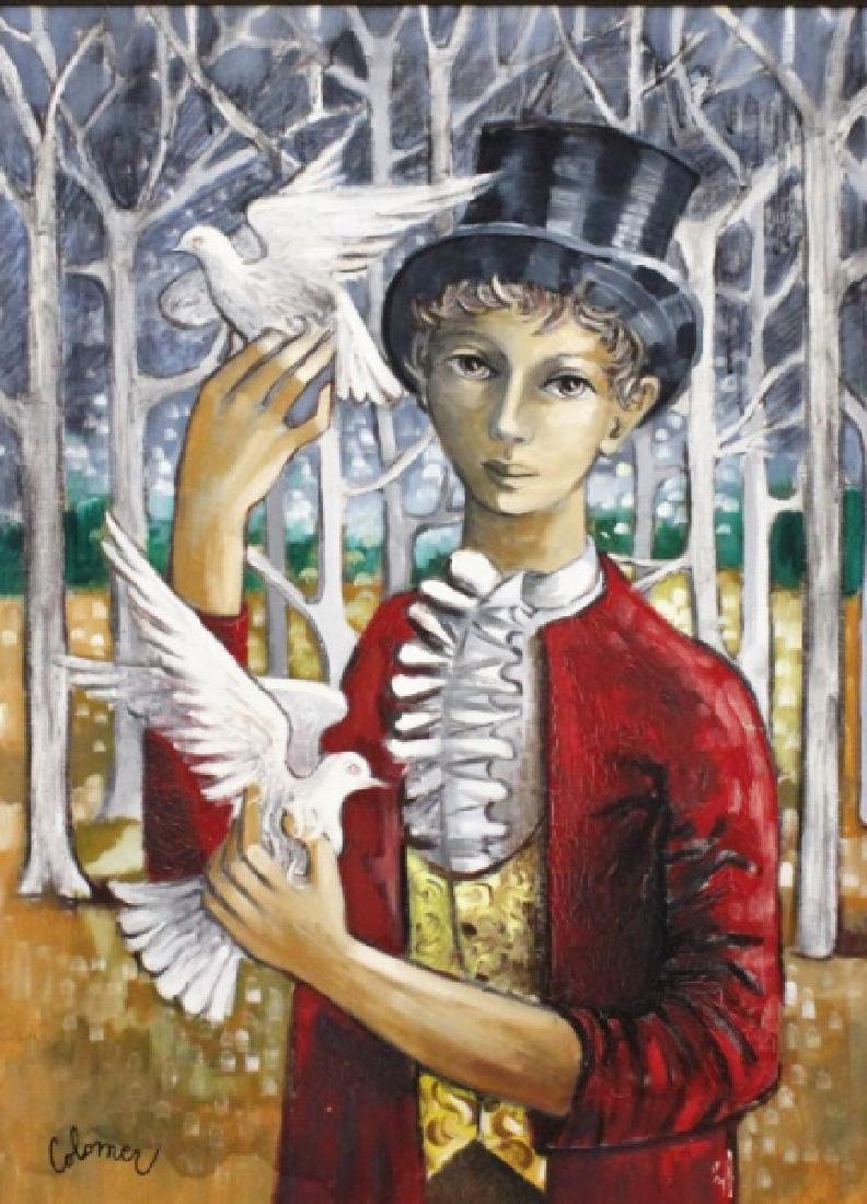 Guy Colomer (French,1919-2004) Painting, Magician: Guy Colomer (French 1919-2004) original oil painting on canvas depicting a magician with doves. Signed, "Colomer". A self taught Parisian expressionist painter, Colomer's works have been purchased by 