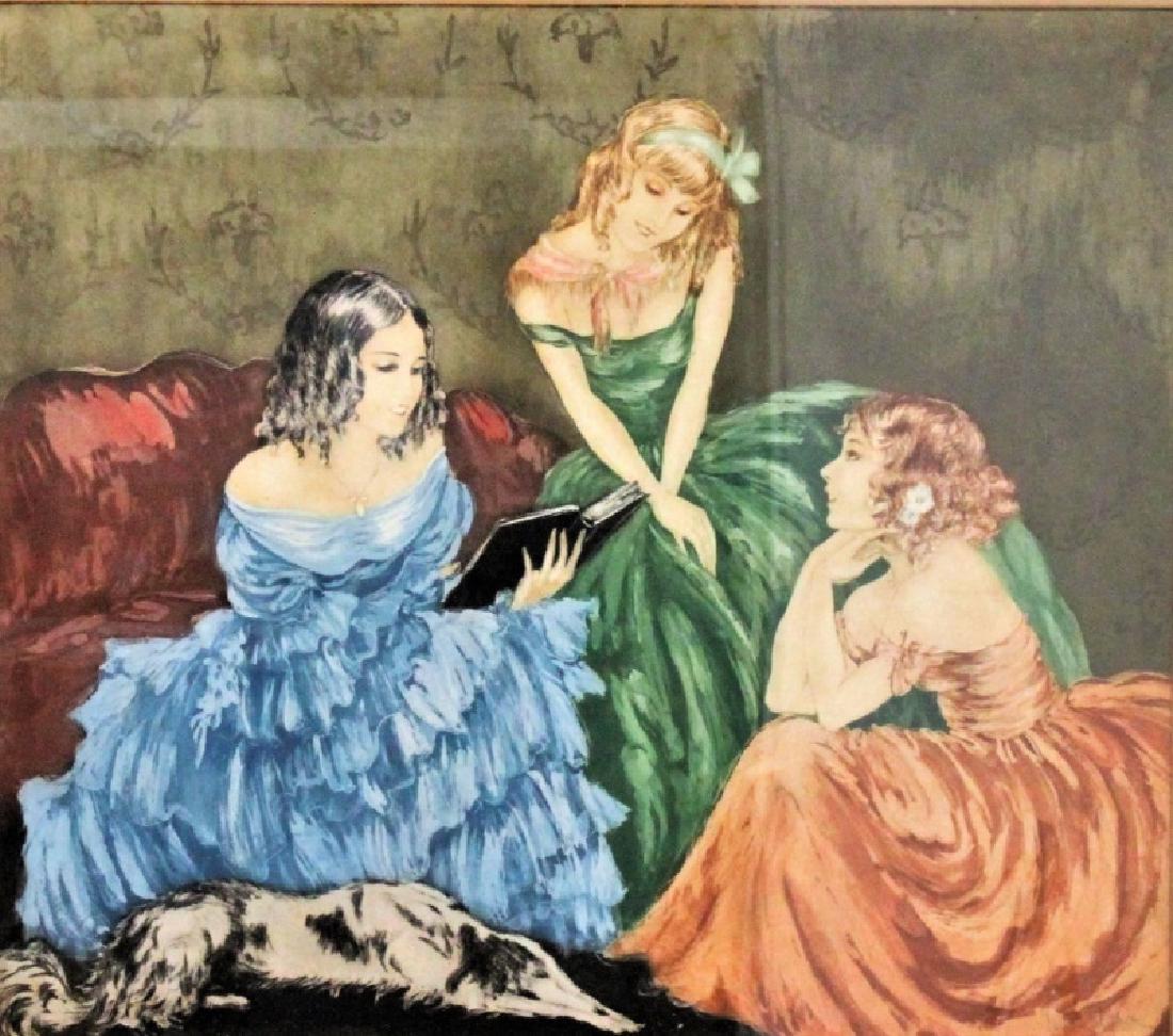 19C Signed Painting, 3 Girls & Afghan Dog (1 of 4)