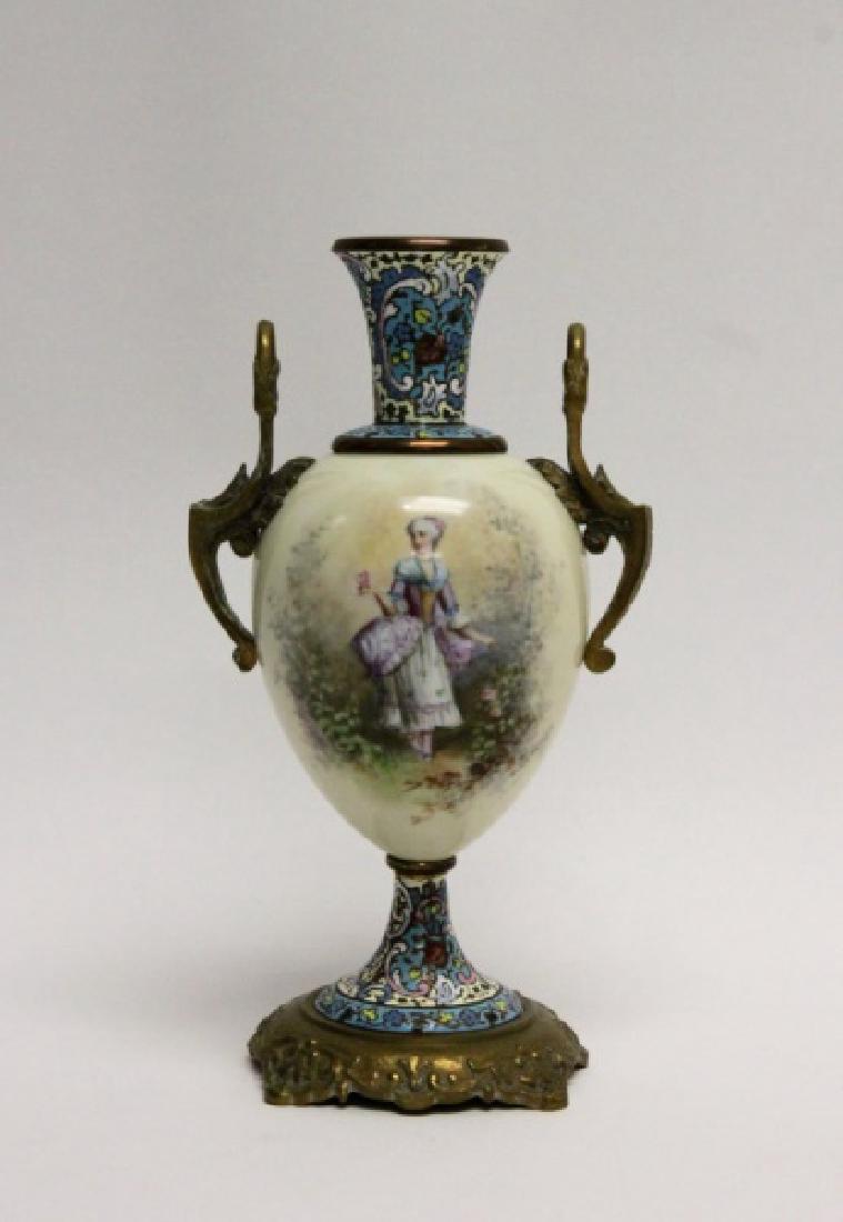 Antique French Porcelain Brass Champleve Vase Urn (1 of 9)