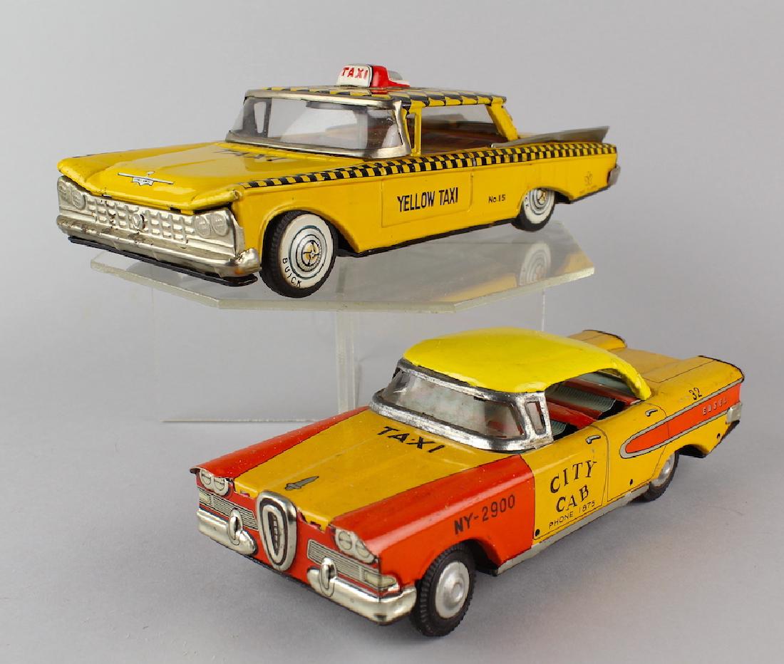 Japan Tin Taxi Cab Edsel & Buick: Pair of Japan Tin Taxi Cab Edsel & Buick cars.