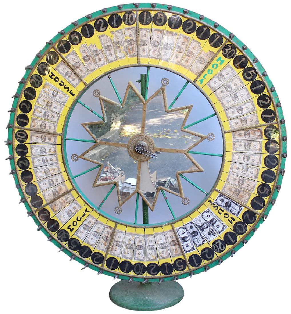 1920s Evans Large Casino/Carnival Money Wheel O Fortune: 1920s H. C. Evans Large Casino Money Wheel of Fortune. Evans and Co. Chicago. Casino Gaming Wheel on Pole Stand. Wheel is 5 foot in diameter. Glass fractures in center. 1
