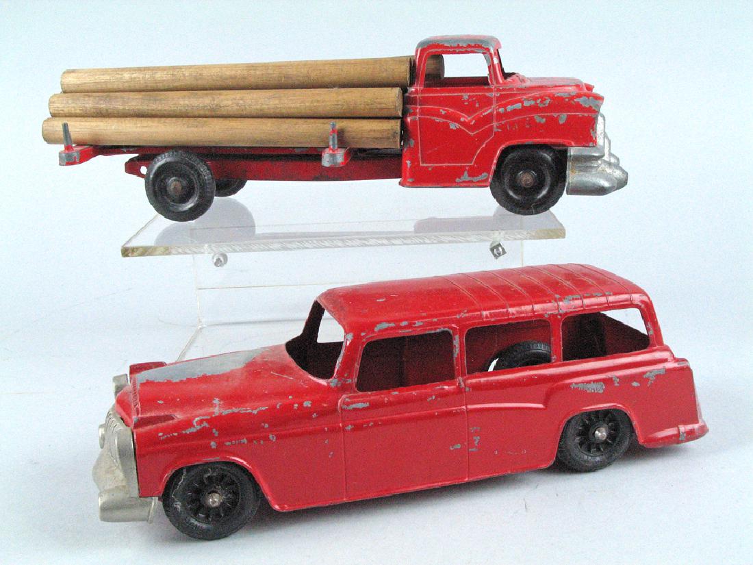 Hubley Diecast Truck Lot: Hubley Diecast Truck Lot, station wagon, log truck, 9/10 inches