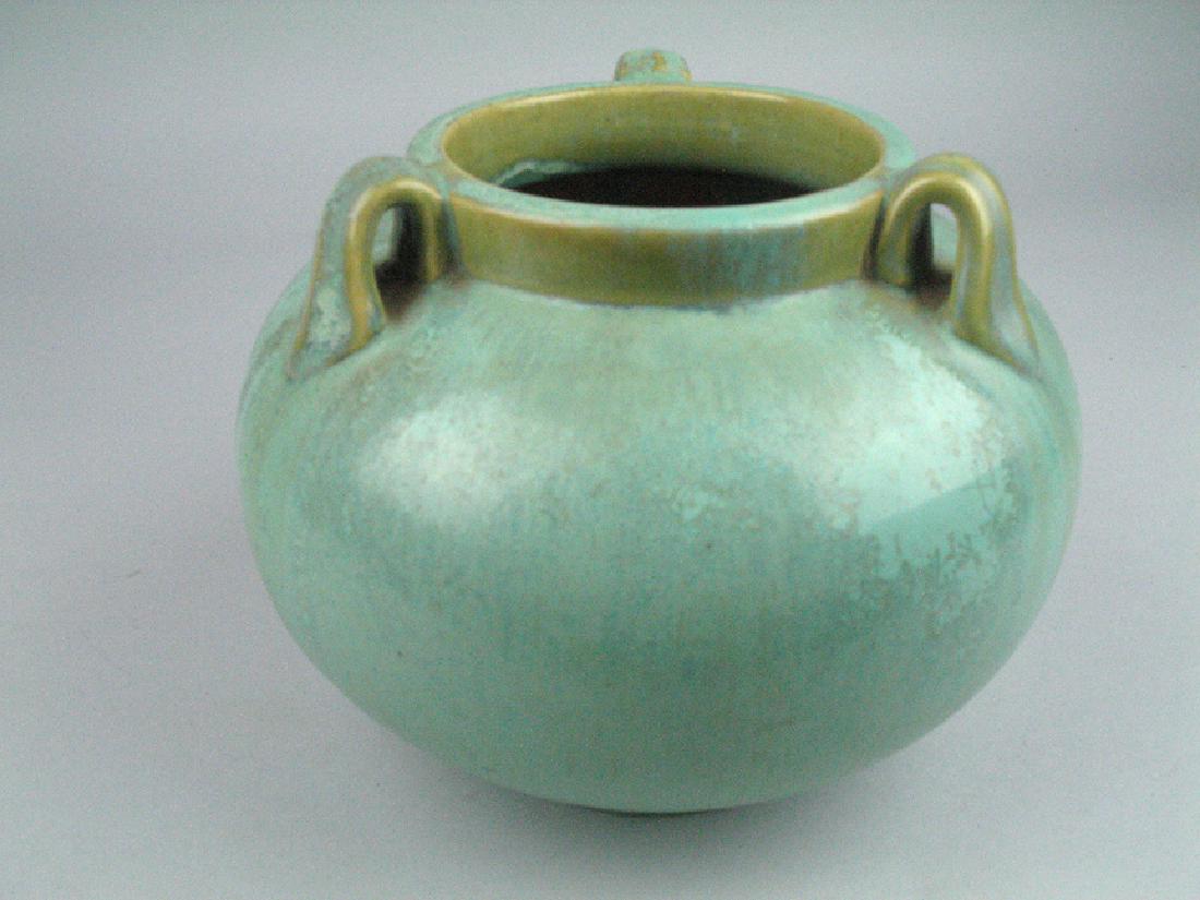 Fulper 3 Handled Vase Green Gold Accent Glaze (1 of 3)