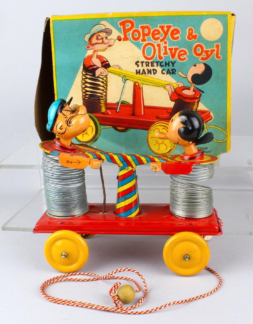 Linemar Popeye & Olive Oyl Stretchy Hand Car in Box (1 of 6)