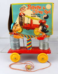 Linemar Popeye & Olive Oyl Stretchy Hand Car in Box