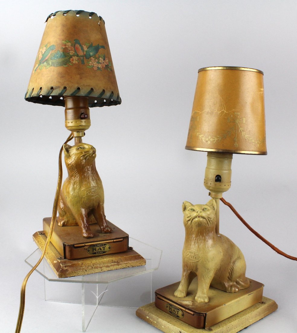 c.1930s Lindy's KAT Bank Cat Lamp Banks!: Lindy's KAT Bank Cat Lamp Banks! Very rare and unusual pot metal Cat bank lamps with cats looking up at the light and the shade. One shade with birds appears to be original. Both lamps lit when tested