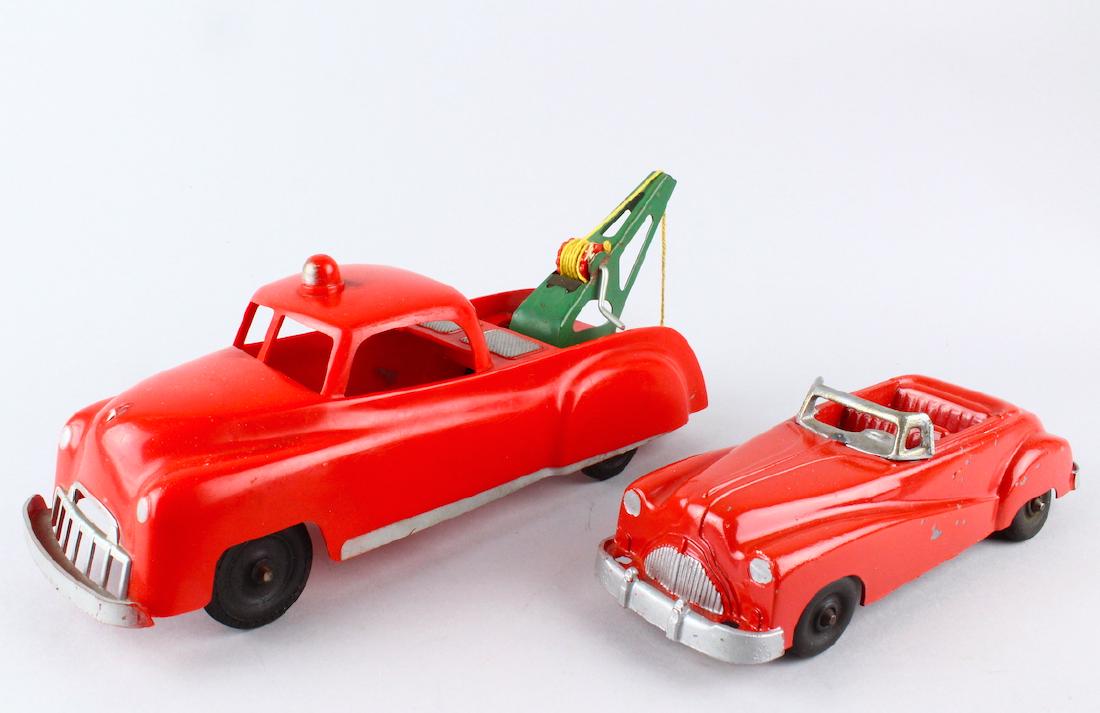 1950s Wrecker Truck and Coupe: 1950s Wrecker Truck and Coupe. Processed Plastic Co. Illinois wrecker 9 inches long and probably Hubley metal Buick type convertible.