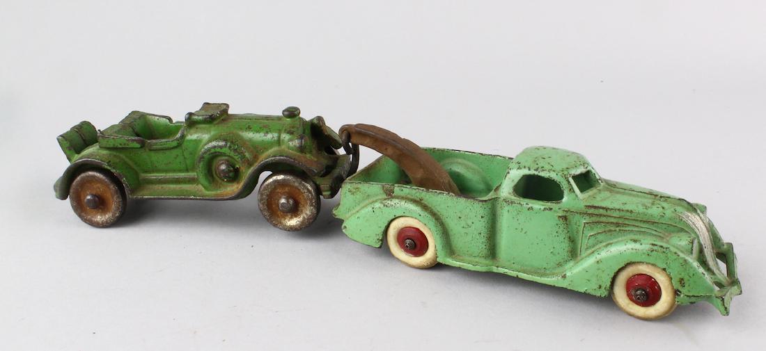 1930s Cast Iron Wrecker and Roadster: 1930s Cast Iron Wrecker and Roadster 5 inches long.