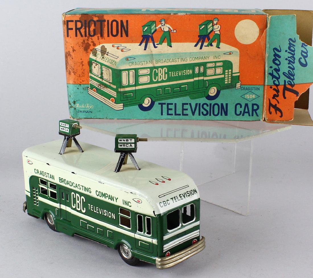 1950s Cragstan Japan Tin Television Car In Box: 1950s Cragstan Broadcasting Company Japan Tin Television Car In Box. CBC is near mint in a complete colorful box.