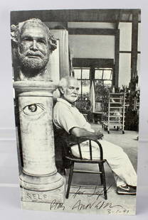 Robert Arneson Artist Signed Litho: Robert Arneson Artist Signed Litho. Image of Arneson sitting next to one of his self portrait sculptures. All autographs & signed ephemera presented here is from the Cordelia Platt autograph