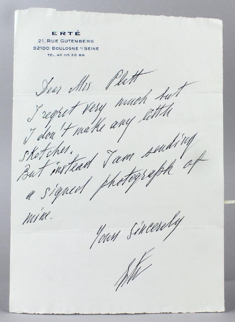 Erte Signed Letter on Stationary to Platts: Erte Signed Letter on Stationary to Platts, signed note to the Platts on the artist's stationary from France. All autographs & signed ephemera presented here is from the Cordelia Platt autograph colle