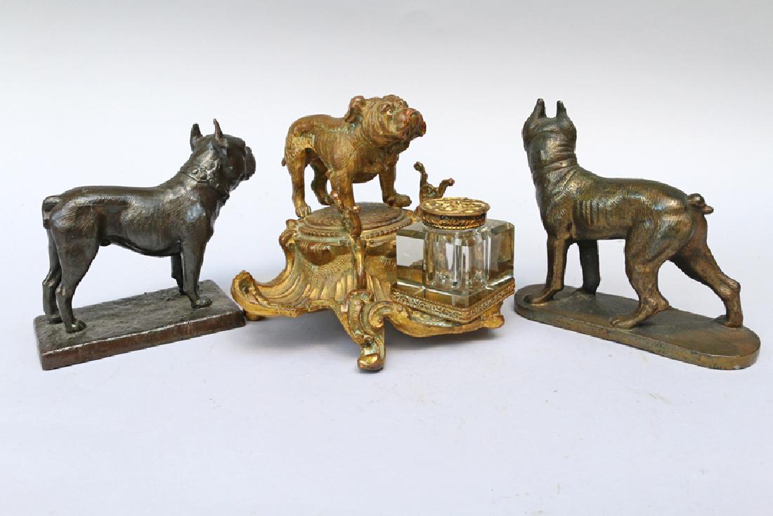 Victorian Gilt Bulldog Inkwell & Bronze Bulldogs (1 of 2)