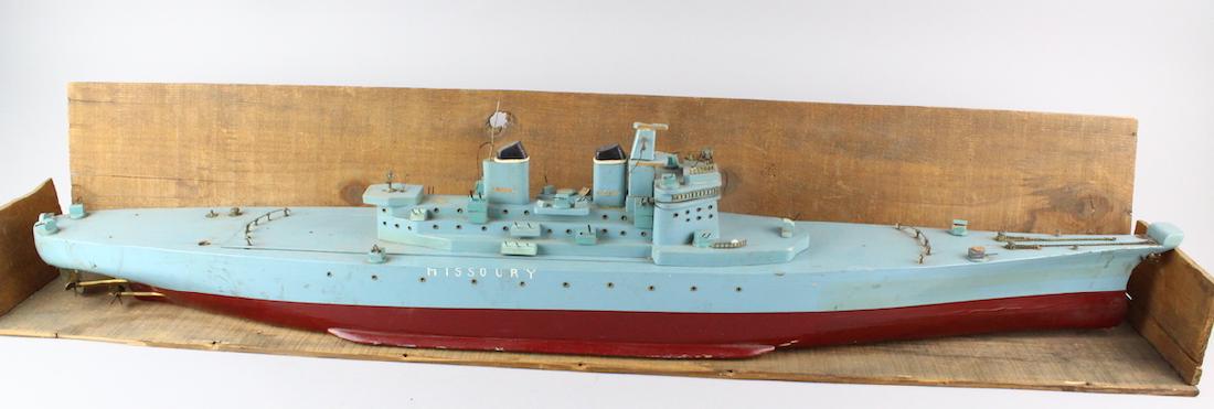 WWII Battleship Missouri Wood Model Ship TMY Motors: Japan Model ship with 2 TMY motors in the partial original crate. Ship is wood with gun and other details, mostly intact. Large 32 inches. Note the builder of the ship spelled Missouri as "Missoury" w