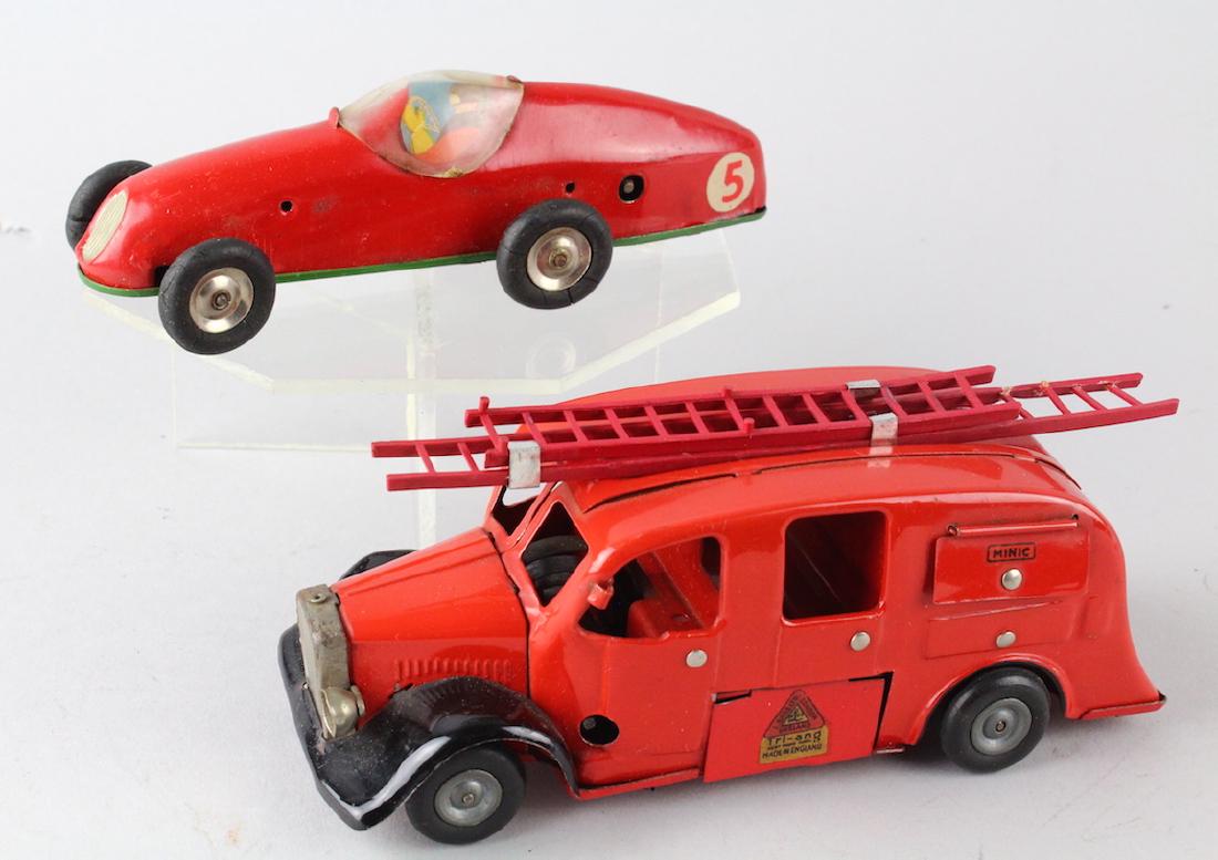 Minictoys Tri-Ang Fire Wagon & Race Car: Minictoys Tri-Ang Fire Wagon & Race Car wind ups. Made in England