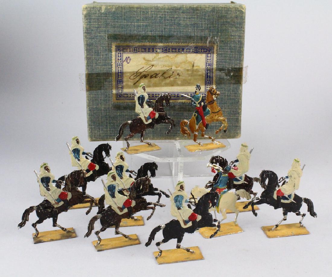Early German Tin Flats Arabian Horsemen: Early German Tin Flats Arabian Horsemen. Note: from a collection of German Tin soldier flats from the 1860s to 1920s. Most were never fully removed from the boxes. The boxes contain the original wood 