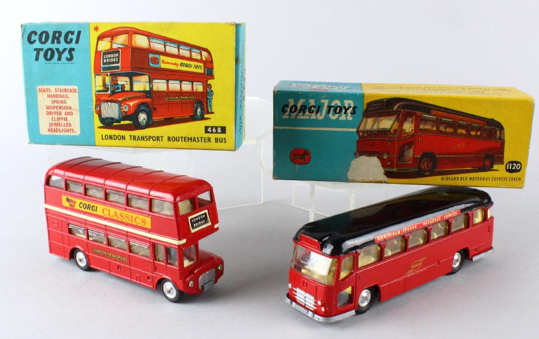 Corgi Toys Bus Routemaster 468 & Motorway 1120 In Box: Corgi Toys London Transport Routemaster Bus 468 & Midland Red Motorway Express Coach 1120 In Box.