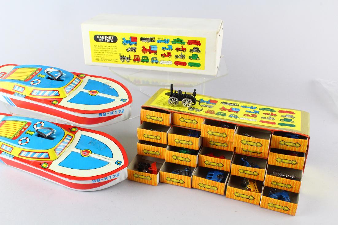 2 Ohio Art Tin Boats & Japan Cabinet of Toys: 2 Ohio Art Wind up working Tin Boats & Japan Cabinet of Toys (Shackman NY) metal toys - 20 metal transportation toys.