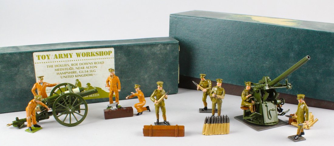 Toy Army Workshop Anti-aircraftGun & Gunner Sets in Box: Toy Army Workshop 20 cwt BS 120 Gun & 6 Gunners set in box. BS 109 Artillery Repair Crew in box. Very high quality lead soldiers from the UK made at high standard and painting. Both are near mint.