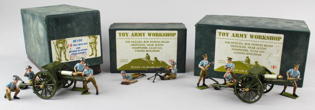 Toy Army Workshop Field Gun & Crew 3 Sets in Box: Toy Army Workshop BS100 18 PDR Field Gun & 6 Crew in action (shirt sleeves, flat cap). BS100 18 PDR Field Gun & 4 Crew in steel helmets, and BS24 Vickers M/Gun full Equipment.3 Toy Army Workshop made 