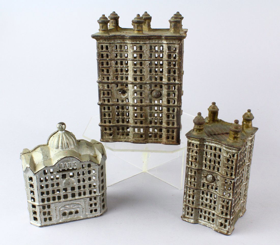 3 Cast Iron Building Banks- Sky Scraper, Dome& Largest (1 of 3)