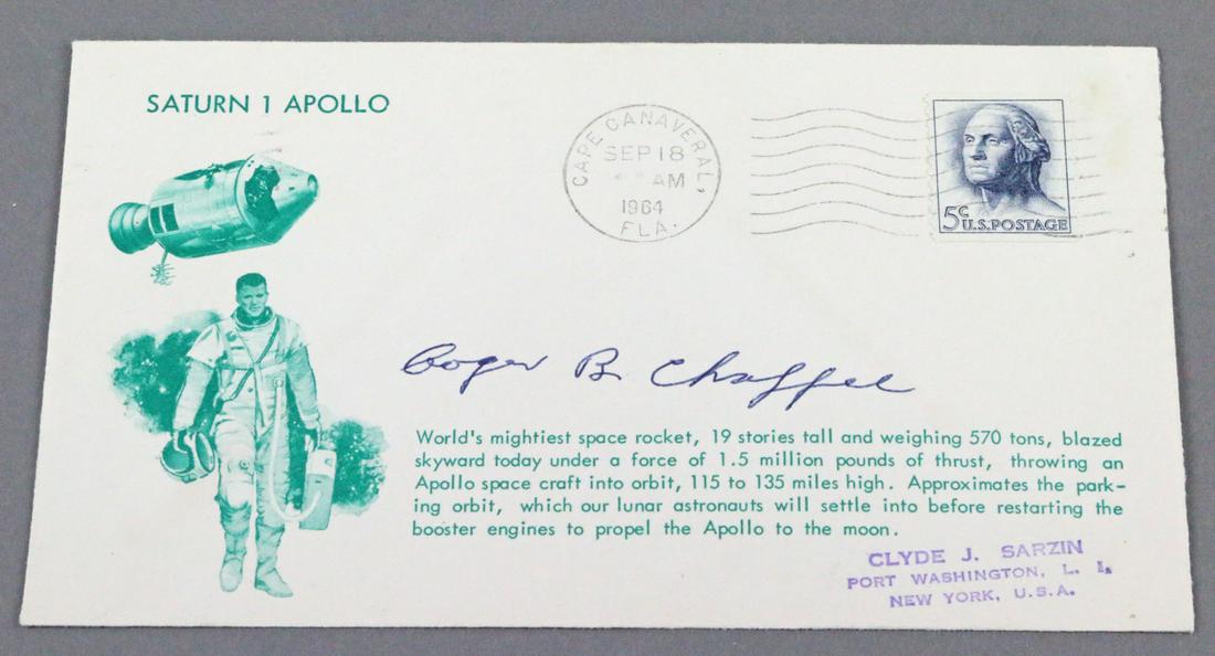 Apollo Saturn One Roger Chafee 1964: Apollo Saturn One Roger Chafee 1964 First Day cover.All autographs & signed ephemera presented here is from the Cordelia Platt autograph collection. Highly regarded in the autograph industry, Cordelia