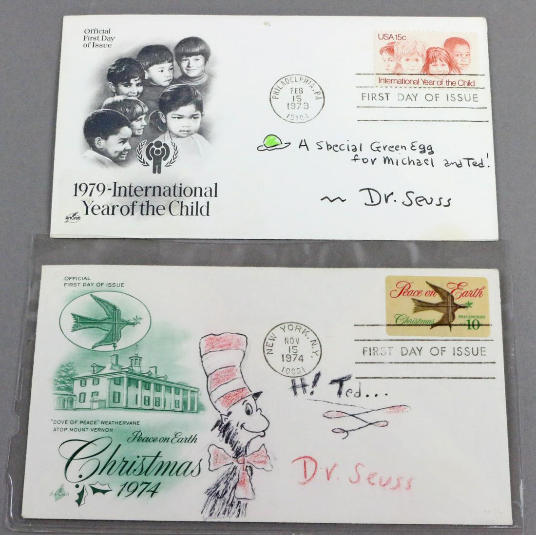 Dr Seuss First Day Covers with Drawing Cat in the Hat: Pair of Dr Seuss First Day Covers. Dr Seuss Drawing Cat in the Hat Signed.All autographs & signed ephemera presented here is from the Cordelia Platt autograph collection. Highly regarded in the autogr