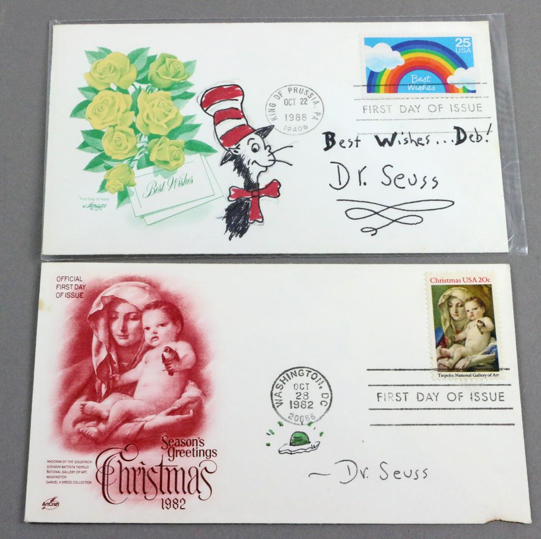 Dr Seuss Drawings Cat in the Hat First Day Covers: Dr Seuss First Day Covers. Pair of Dr Seuss First Day Covers with Dr Seuss Drawing of Cat in the Hat, and green eggs and ham, Signed.All autographs & signed ephemera presented here is from the Cordeli