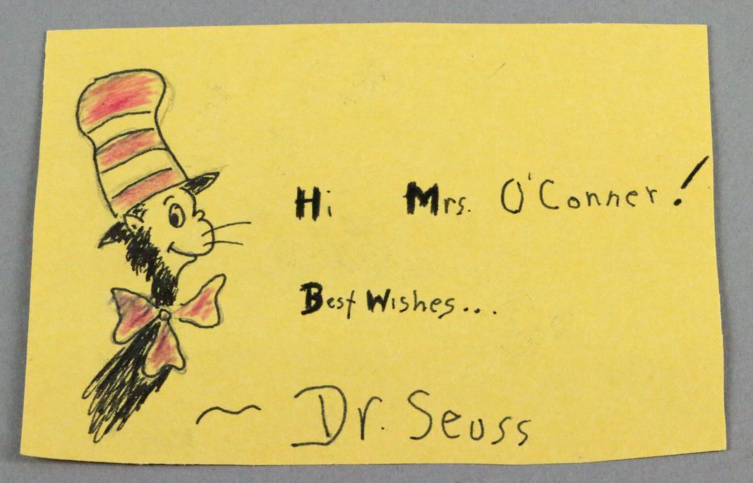 Dr Seuss Drawing Cat in the Hat: Dr Seuss Drawing Cat in the Hat. Signed and inscribed 5x4 inches.All autographs & signed ephemera presented here is from the Cordelia Platt autograph collection. Highly regarded in the autograph indus