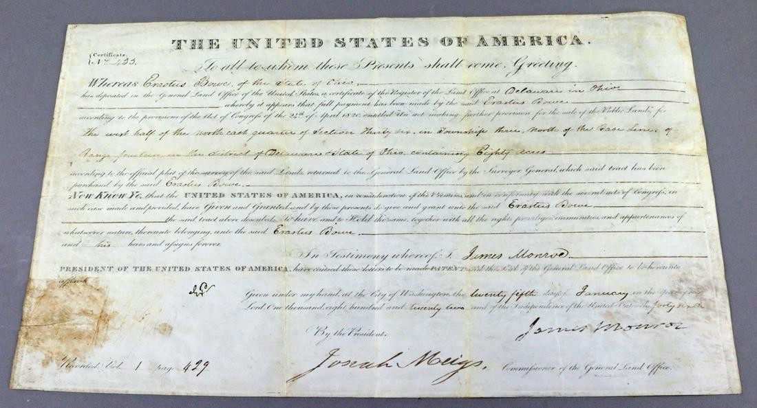 President James Monroe Signed on Vellum: President James Monroe Signed on Vellum. 16x10, 1/25/1822, Parcel Grant on vellum. All autographs & signed ephemera presented here is from the Cordelia Platt autograph collection. Highly regarded in t