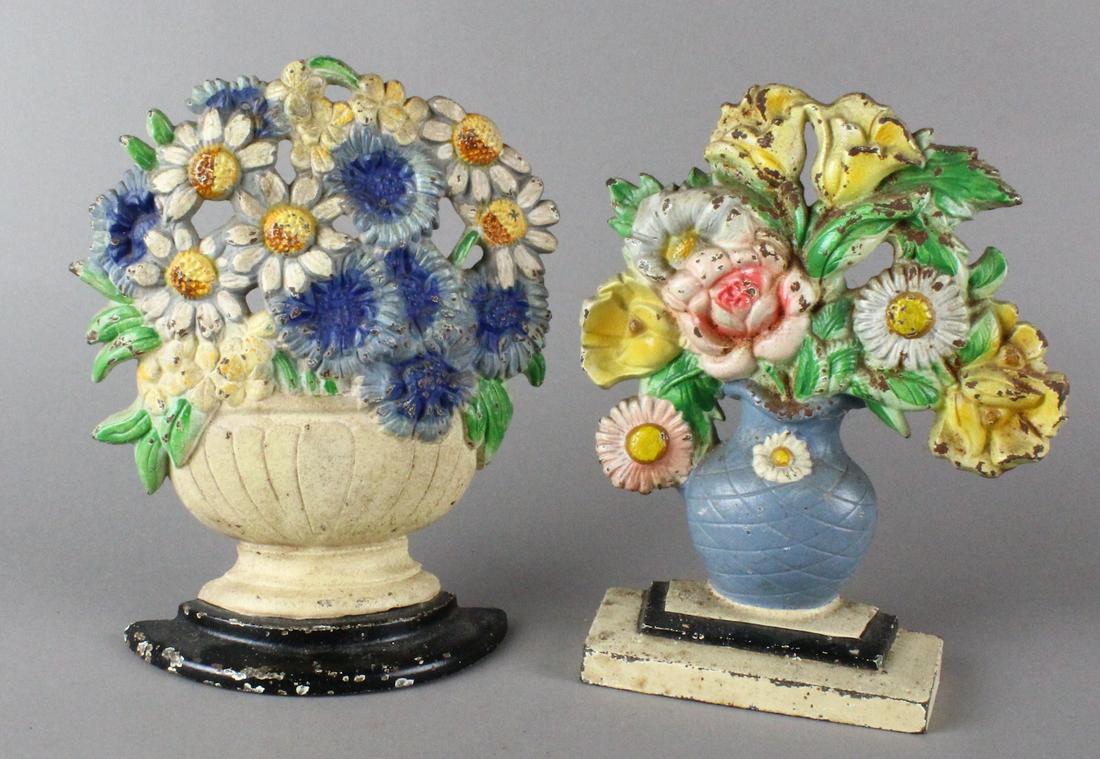 Pair of Cast Iron Flower Basket Door Stops: Pair of Cast Iron Flower Basket Door Stops, strong bright colors. Hubley