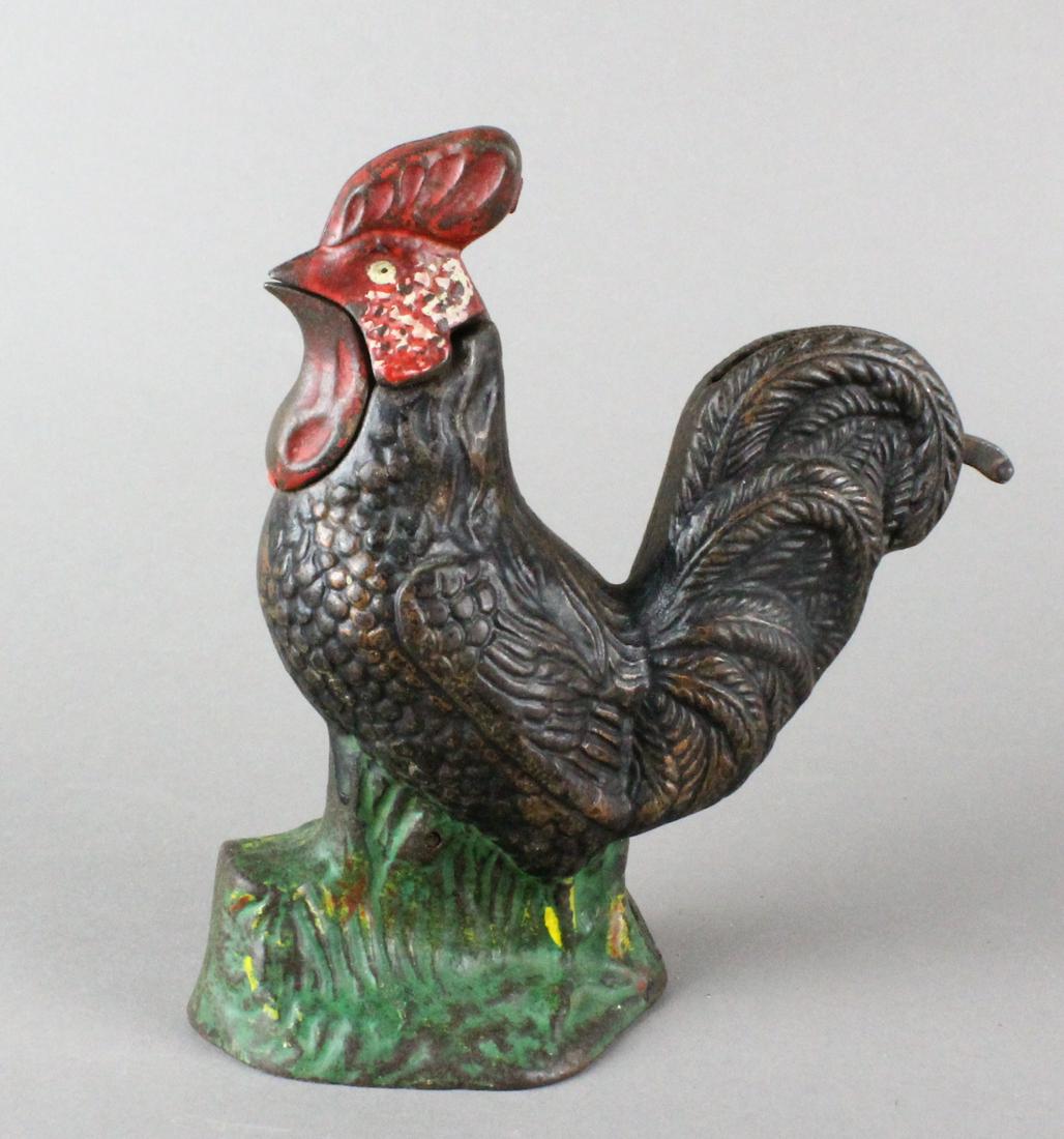 Kyser & Rex Rooster Mechanical Bank: Kyser & Rex Company Philadelphia Rooster Mechanical Bank. Excellent, rooster pecks his head forward when the lever is pressed and the coin is deposited, 6 1/4 inches tall.