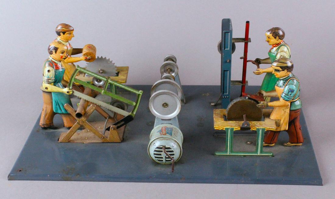 Arnold German Tin Factory Wind Up Workers: Arnold German Tin Factory Wind Up Workers. Large tin group of workers in factory can be run on steam engine or wind up crank. Colorful working Germany toy.