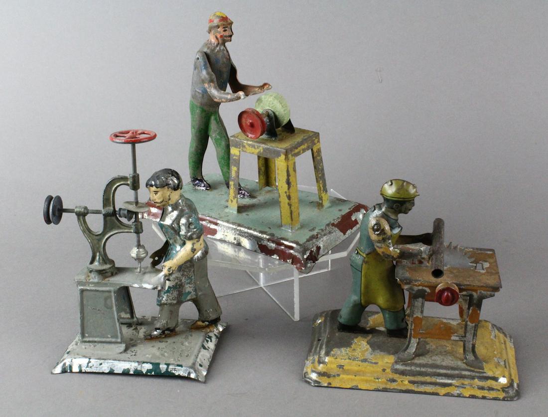 3 German Tin Steam Toys- Bing, Becker, Arnold: 3 German Tin Steam Toys- Bing, Becker, Arnold workers at the saw, sharpening and drill press.