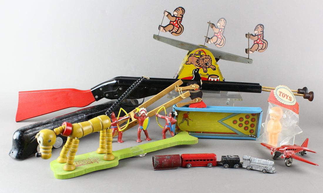 Large Toy Lot Marx, Lewco, Japan, Disney, Trains: Fisher Price Disney Pop Up Kritter Pluto push up jointed toy, 1930s Marx Stafford Liner 1006 O gauge size, 2" high, 121/2 inches long train, Double Barrel Shot gun target pop gun, Lewco Prod NY Monkey