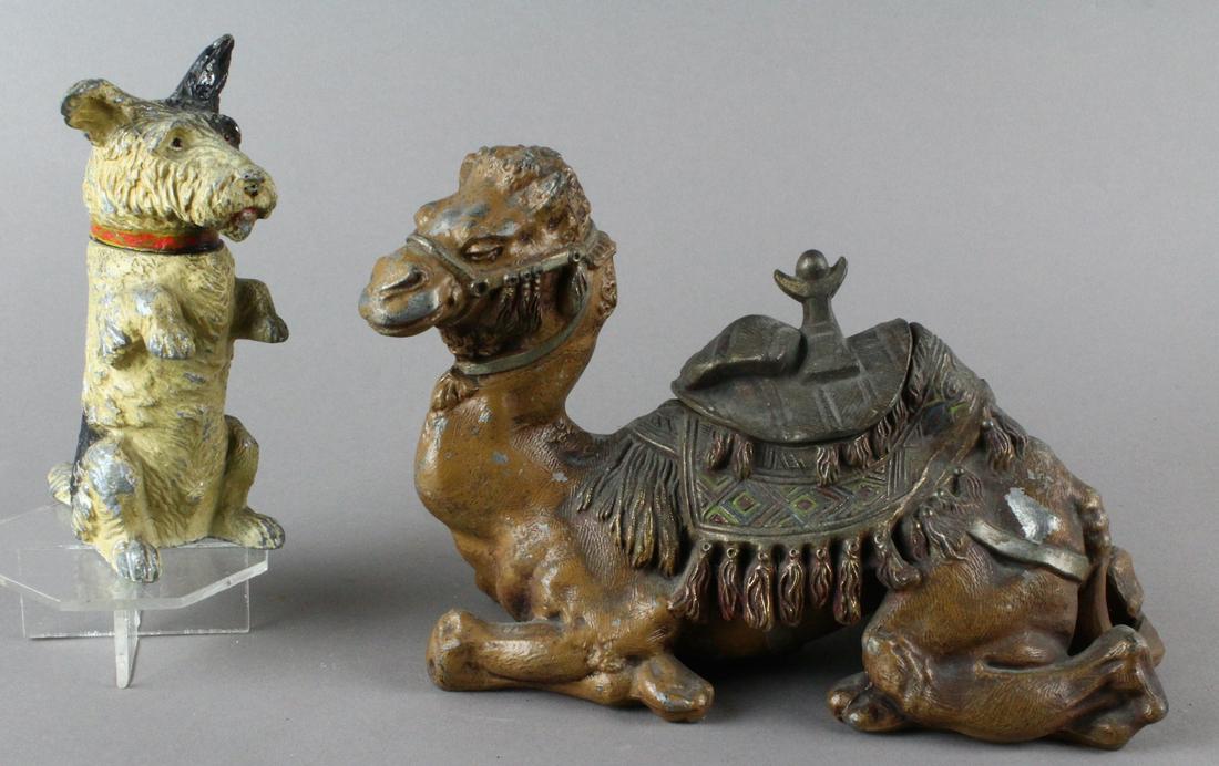 Austria Cold Painted Terrier Lighter & Camel Inkwell: Austrian Cold Painted Terrier Dog Lighter & Camel figural Inkwell. Cold painted white metal or spelter inkwell in the form of an Arabian camel with trappings and detailed fox terrier whose head comes 