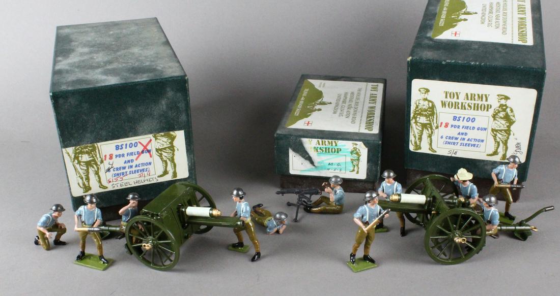 Toy Army Workshop Field Gun Crew 3 Sets: Toy Army Workshop Field Gun Crew 3 Sets- BS100 set with 5 crew, BS100 Set with 4 crew, Gunner and soldier set. All near mint, one cannon missing top plate.