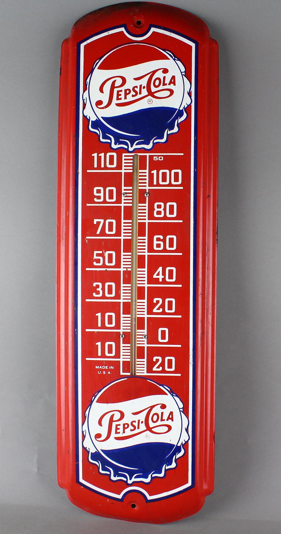 Pepsi Cola Advertising Metal Sign & Thermometer: Pepsi Cola Advertising Metal Sign & Thermometer. 24 Inchese tall.