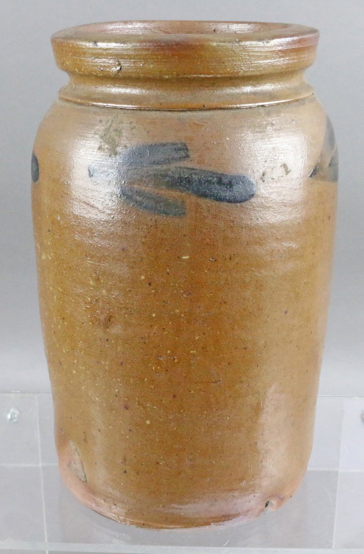 Salt Glazed Blue Decorated Redware Jug: Salt Glazed Blue Decorated Redware Jug, 9 inches